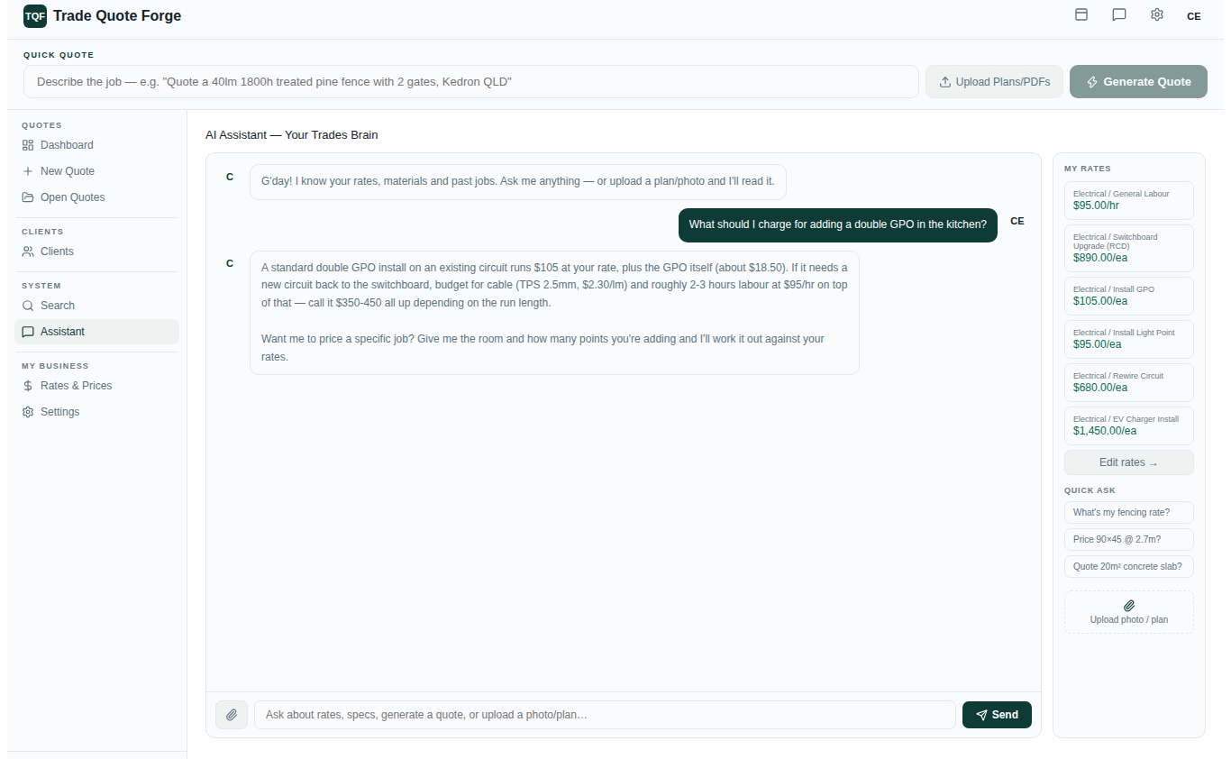 Trade Quote Forge’s AI Assistant chat answering a pricing question against the business’s own rates
