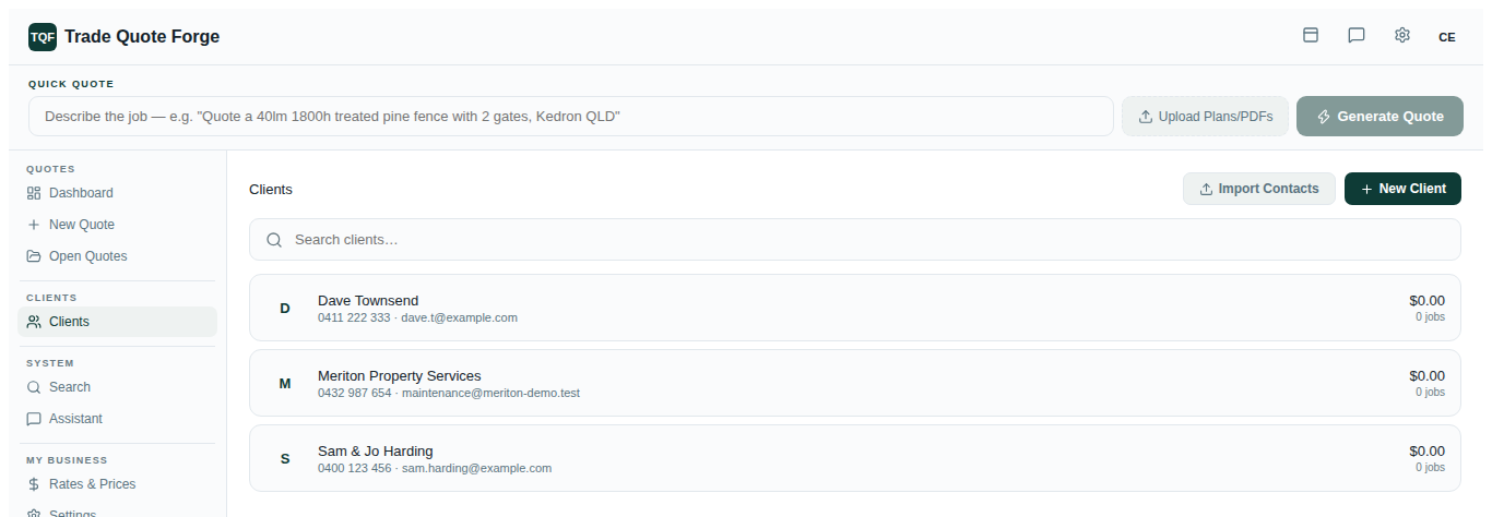 Trade Quote Forge’s Clients screen listing client contact details and job history