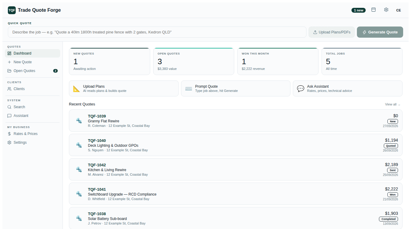 Trade Quote Forge dashboard showing recent quotes with statuses and values