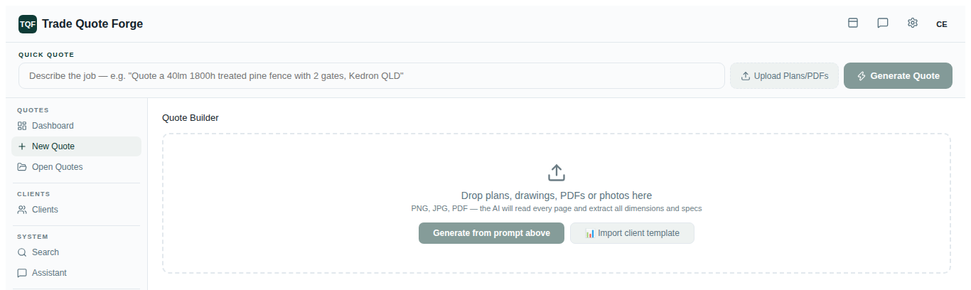 Trade Quote Forge’s New Quote screen, where a tradie drops in plans or types a job description to generate a quote
