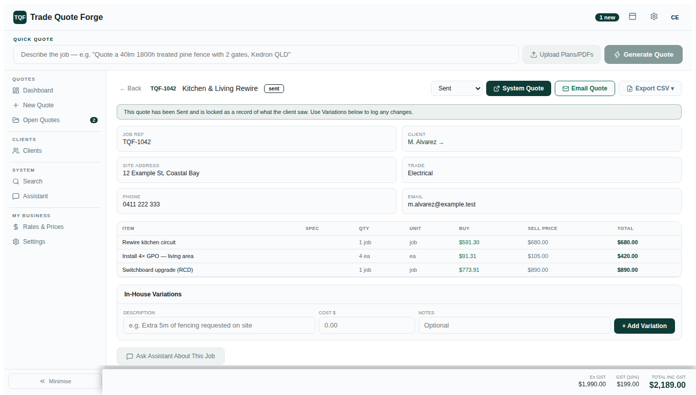 An itemised Trade Quote Forge quote showing line items priced against the business’s own rates, with GST and totals