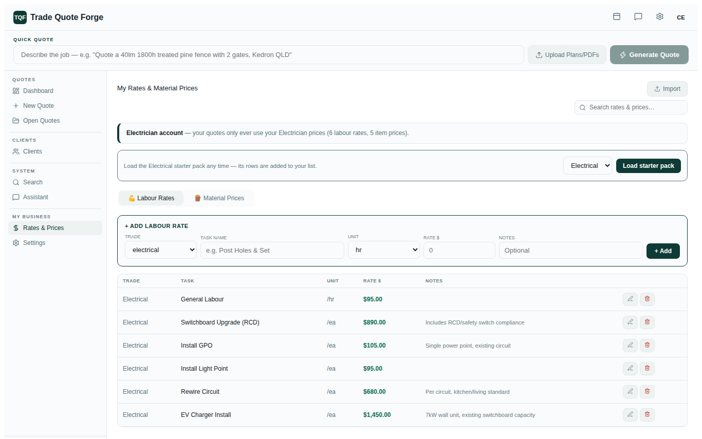 Trade Quote Forge’s Rates & Prices screen showing a business’s own labour rates and material prices